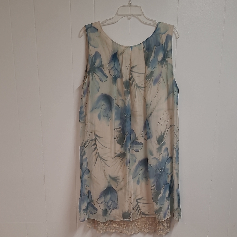 Tempo Paris Silky Dress Made in Italy Cream/Soft Blue Floral/Lace Sz Large